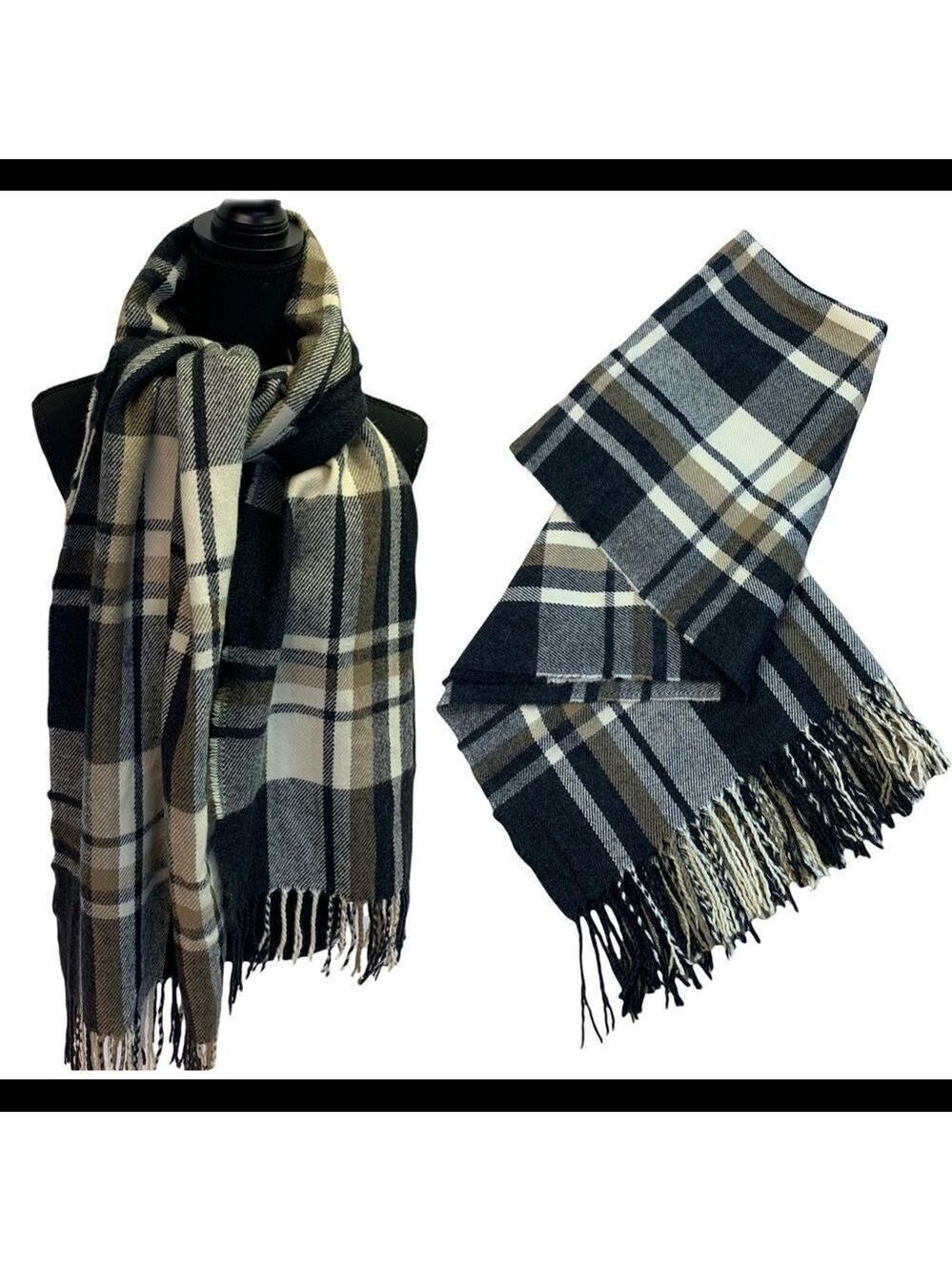 BLACK gray ivory brown plaid check warm soft fall winter unisex blanket scarf 💥